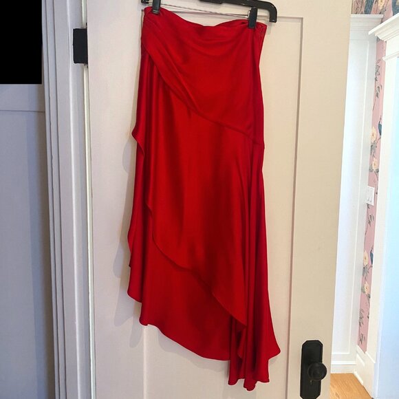 MONSE - Asymmetric Satin Midi Skirt - Red - Picture 1 of 7